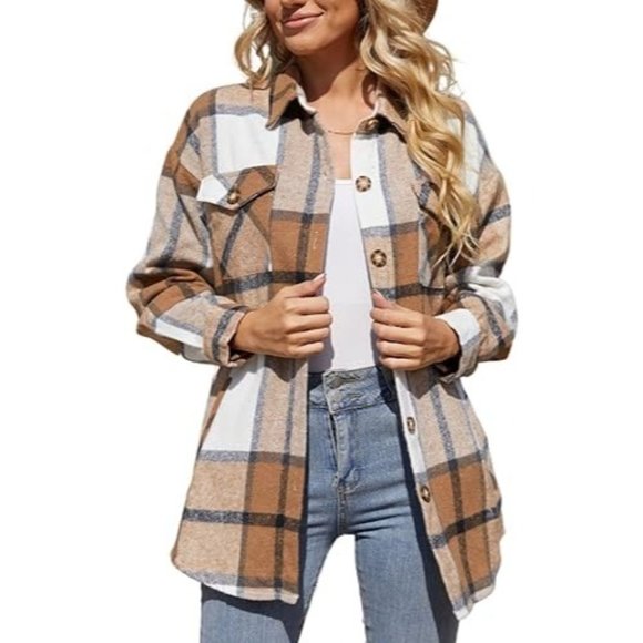 Blue B Plaid Fleece Button Up Shirt Shacket Womens M Tan Western Warm Cozy NEW - Picture 1 of 9